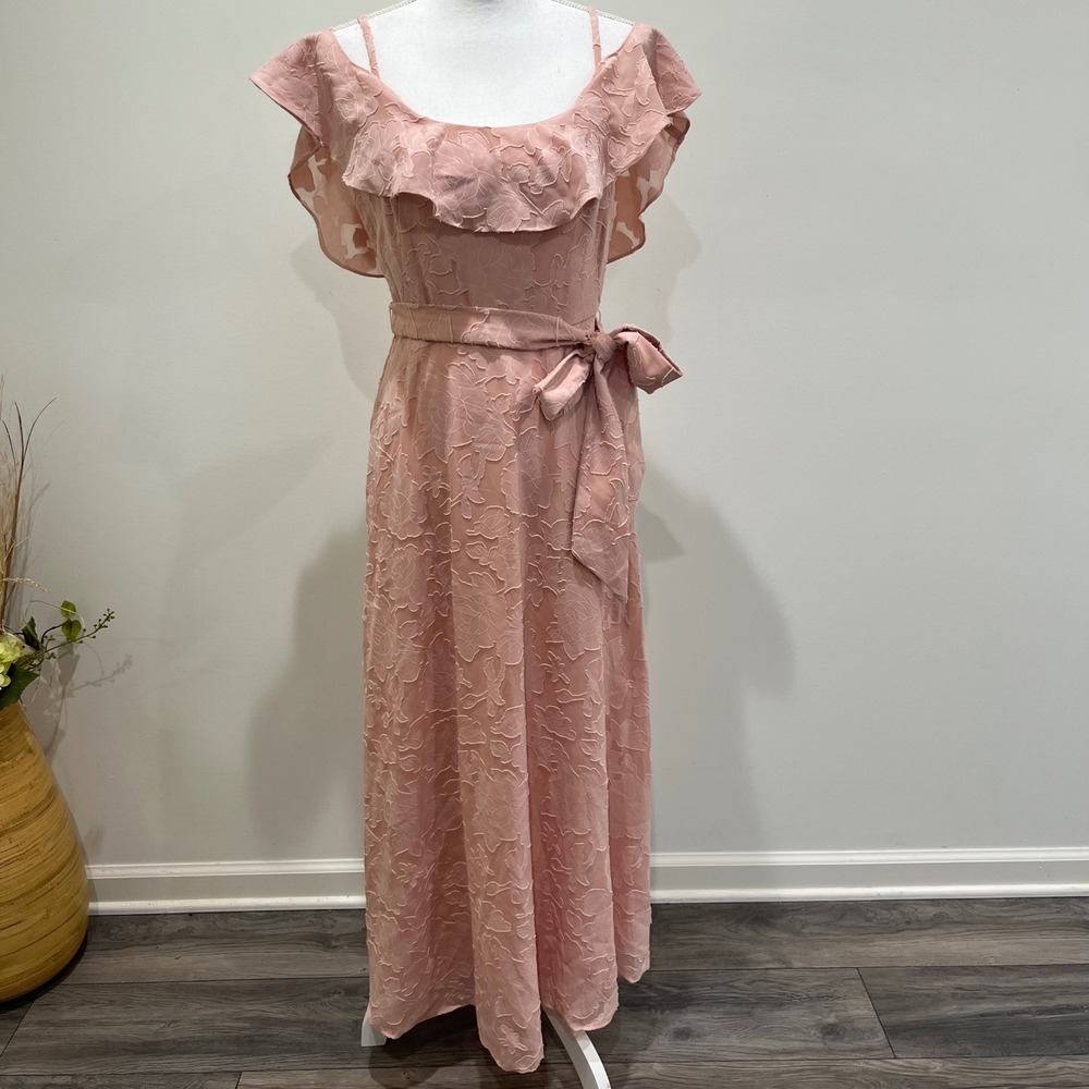 AQUA Formal Maxi Dress Women 6 Pink Floral Burnout Cold Shoulder Ruffle Romantic